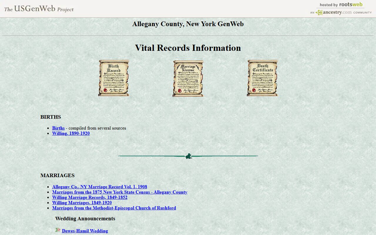 Allegany County death records GenWeb vital records page
