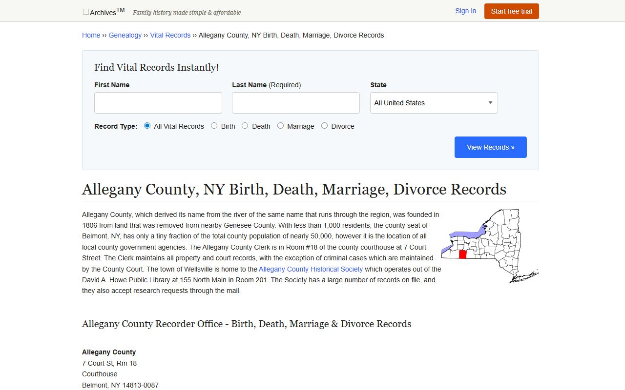 Allegany County death records Archives.com genealogy page