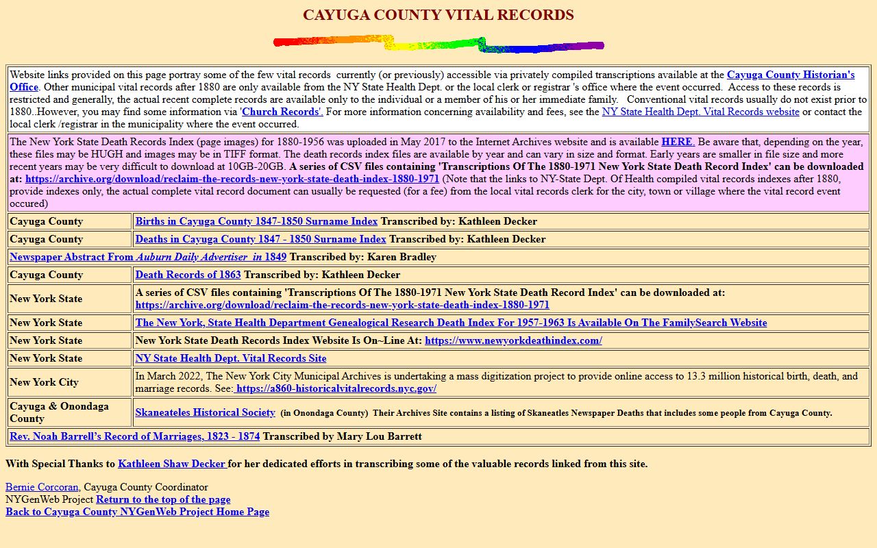 Cayuga County death records GenWeb vital records transcriptions