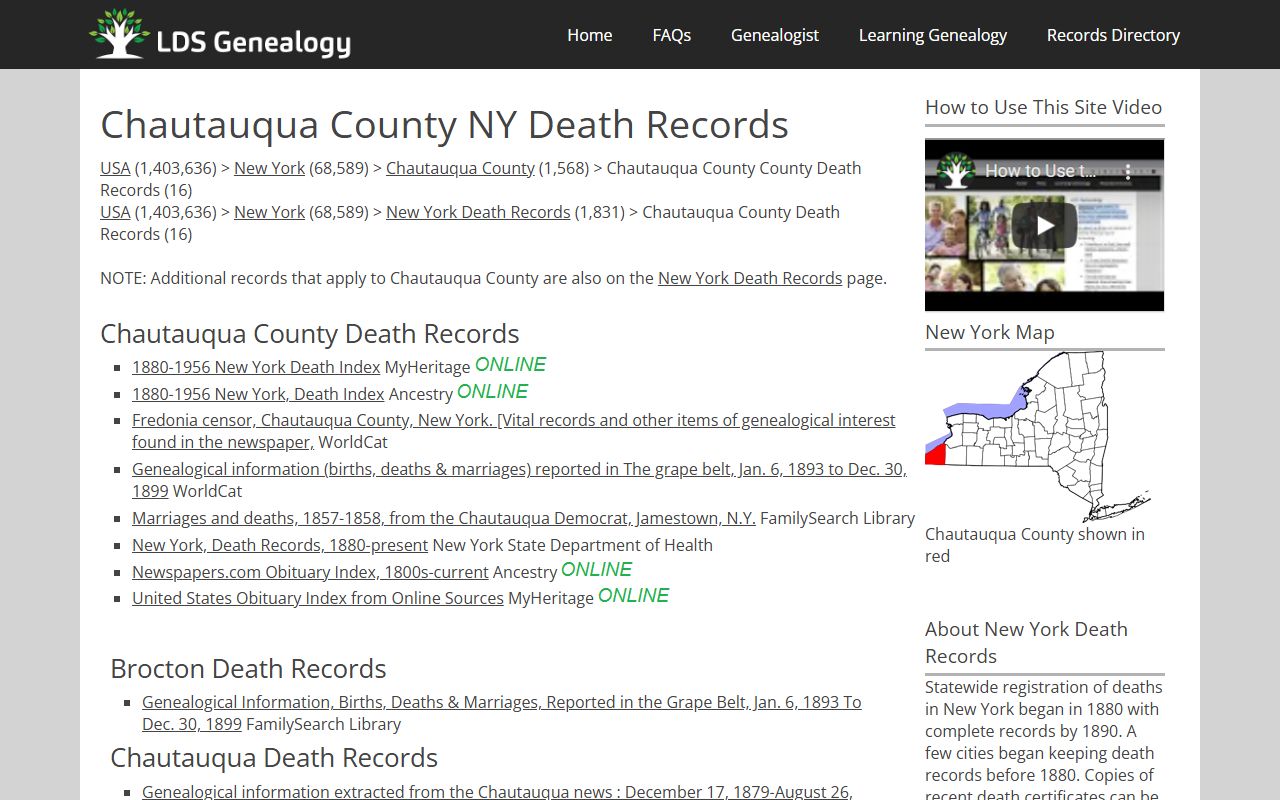 Chautauqua County death records genealogy resources and newspaper indexes
