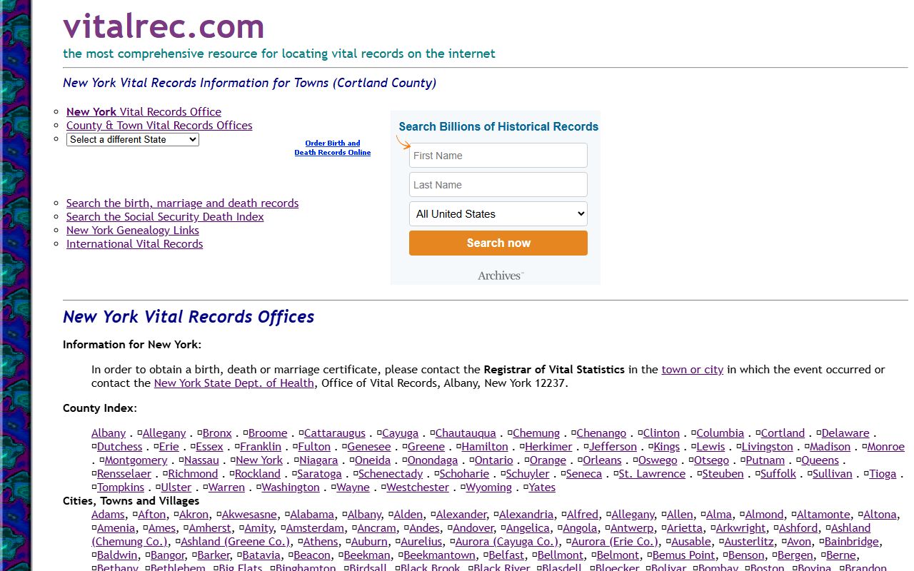 Cortland County death records town clerk directory and contact information