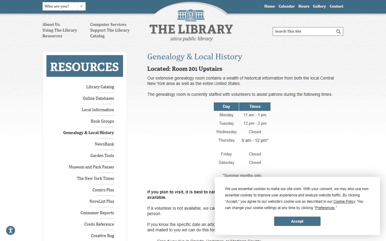 Utica Public Library genealogy department resources for Oneida County death records