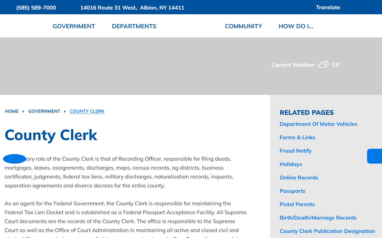Orleans County Clerk website showing Orleans County death records information