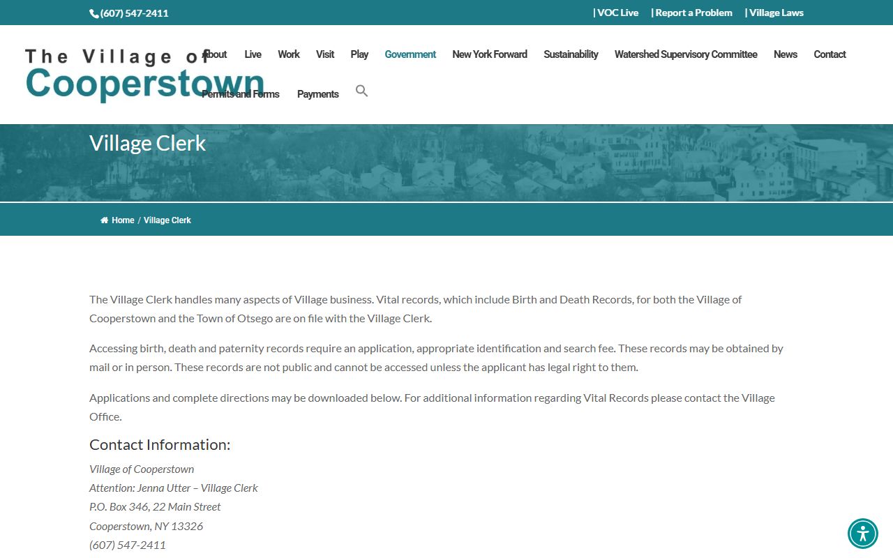 Cooperstown Village Clerk office page showing Otsego County death records access information