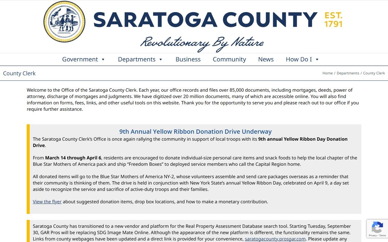 Saratoga County Clerk office page showing records available in Ballston Spa for Saratoga County
