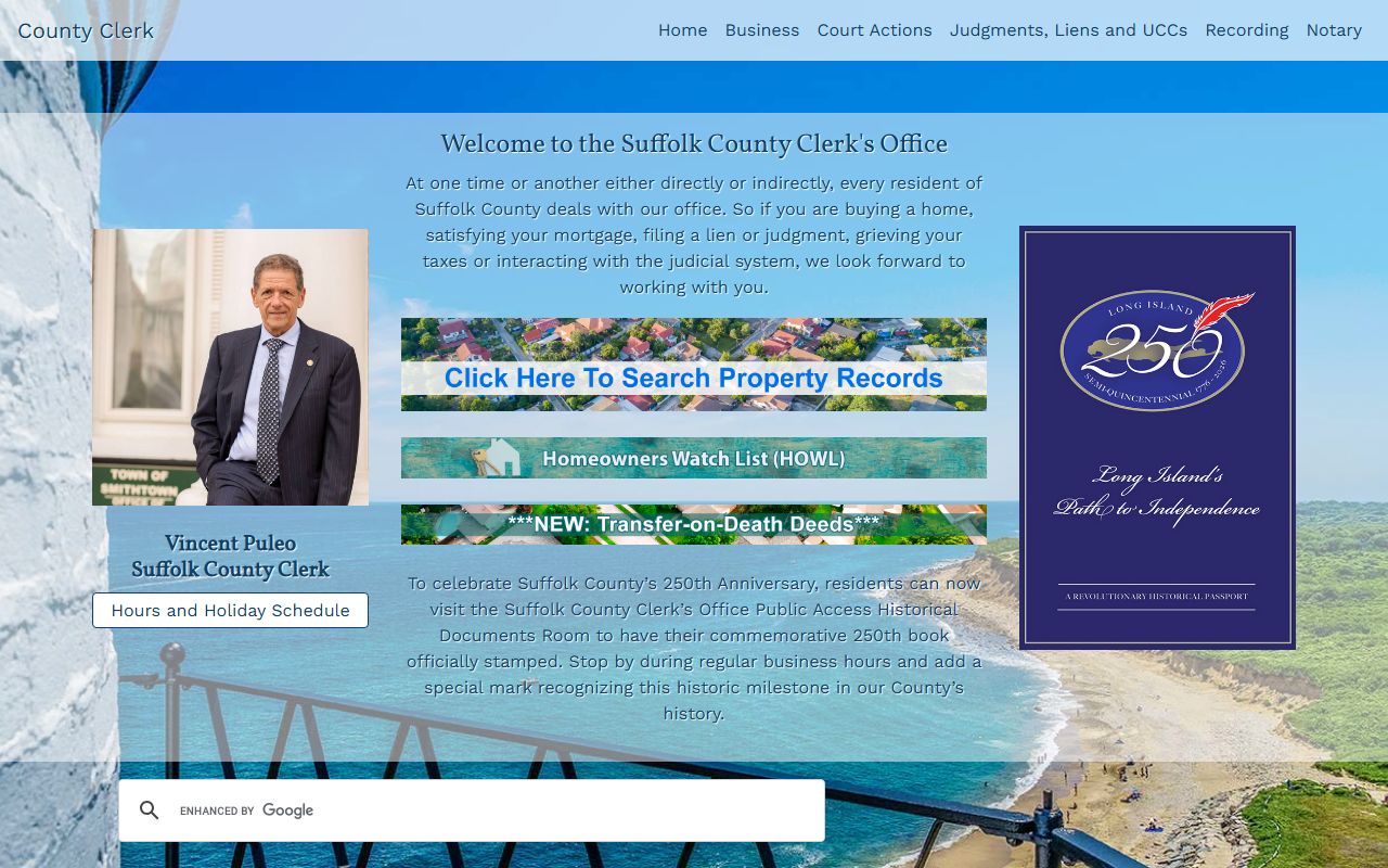 Suffolk County Clerk website showing Suffolk County death records resources and county services