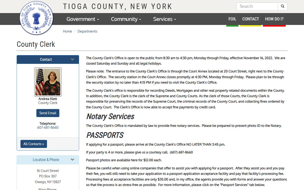 Tioga County Clerk website showing Tioga County death records resources and county services