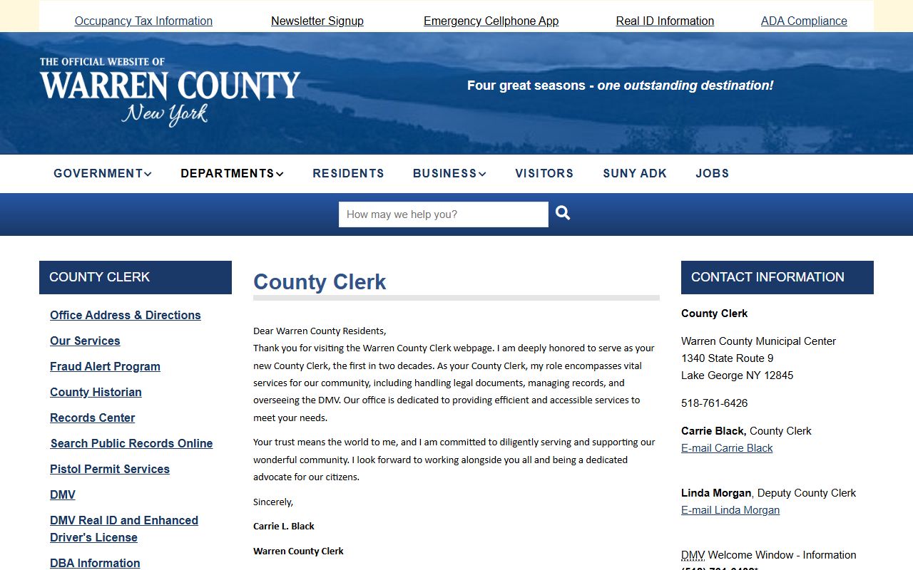 Warren County Clerk website showing Warren County death records resources and online record search tools