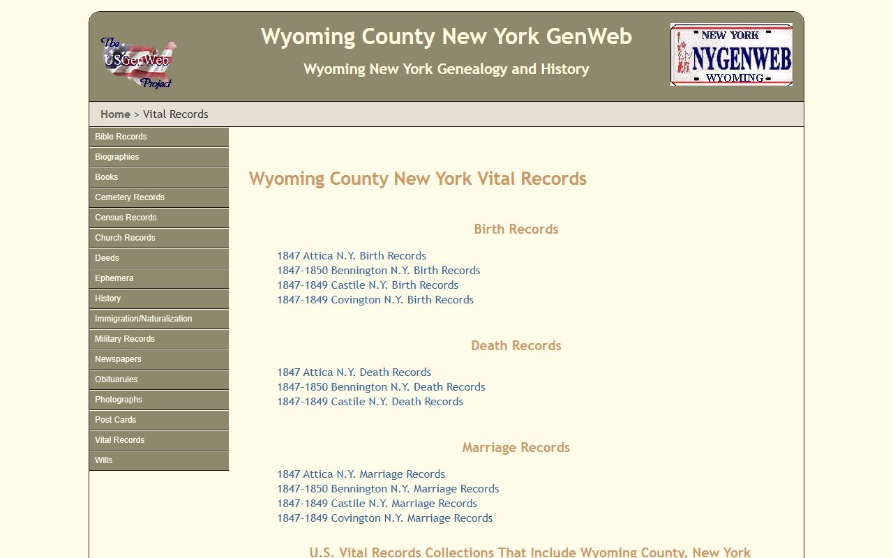 NYGenWeb Wyoming County vital records page showing transcribed death records and indexes for Wyoming County