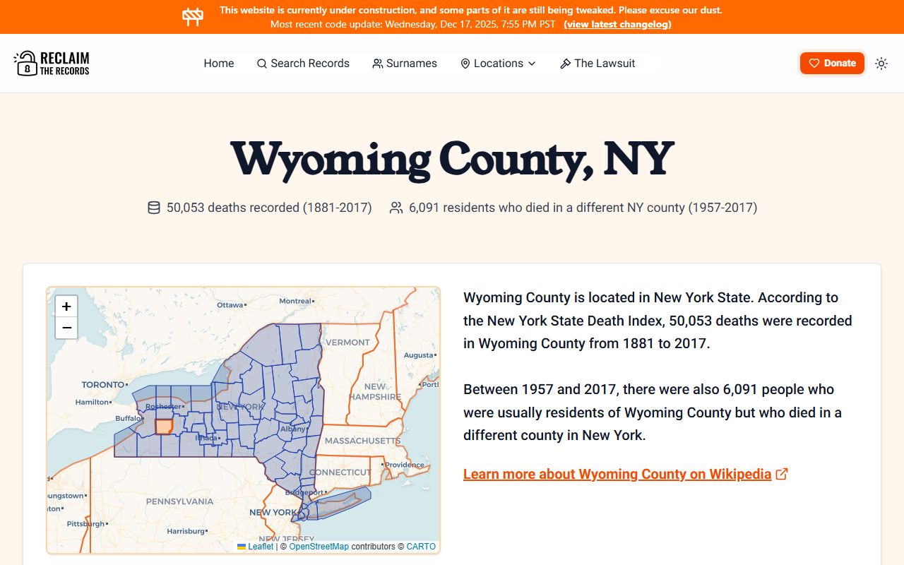 Wyoming County death statistics from New York State Death Index showing death records data for Wyoming County