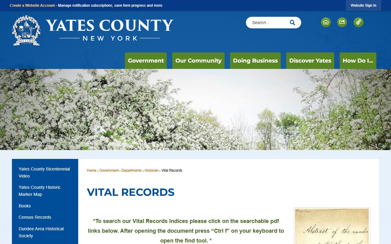 Yates County vital records page showing how to request death certificates in Yates County