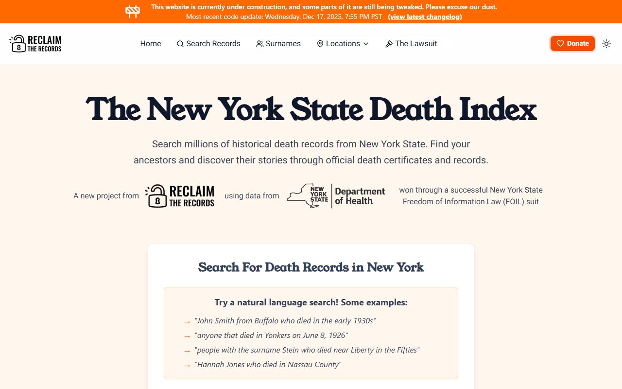 New York State Death Index free search tool for finding death records