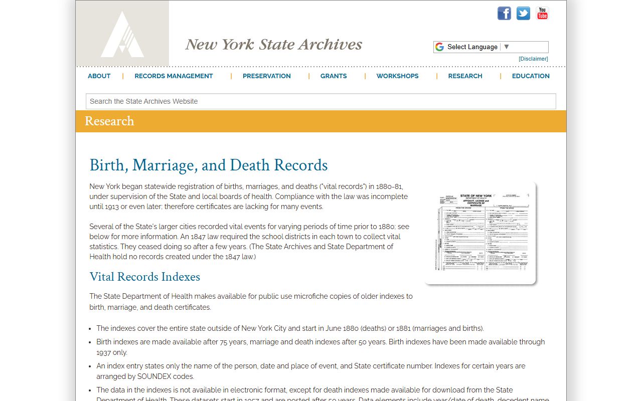New York State Archives vital records page for death records research