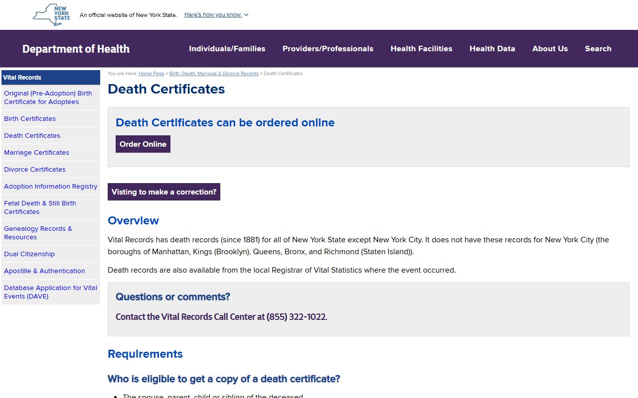New York State Department of Health death certificates page for ordering New York death records