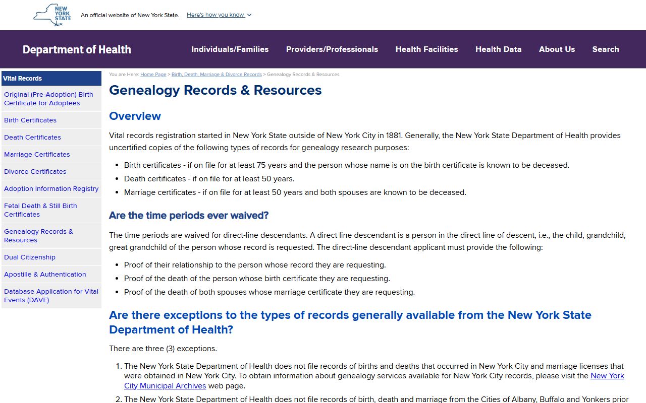 NYS DOH genealogy records page showing New York death records search options